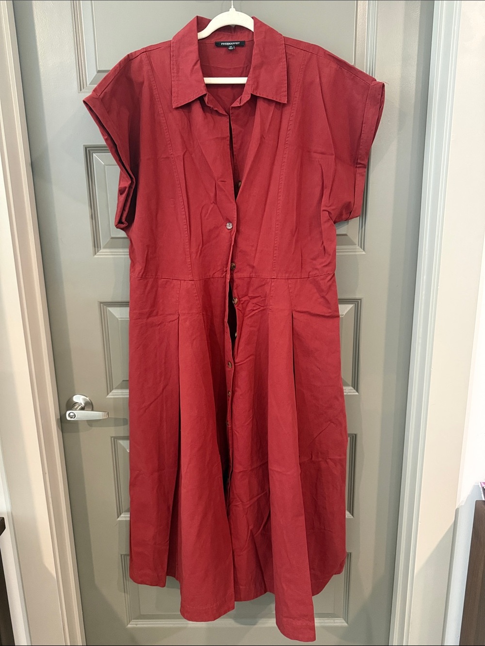 Button-Front Midi Dress in Deep Red